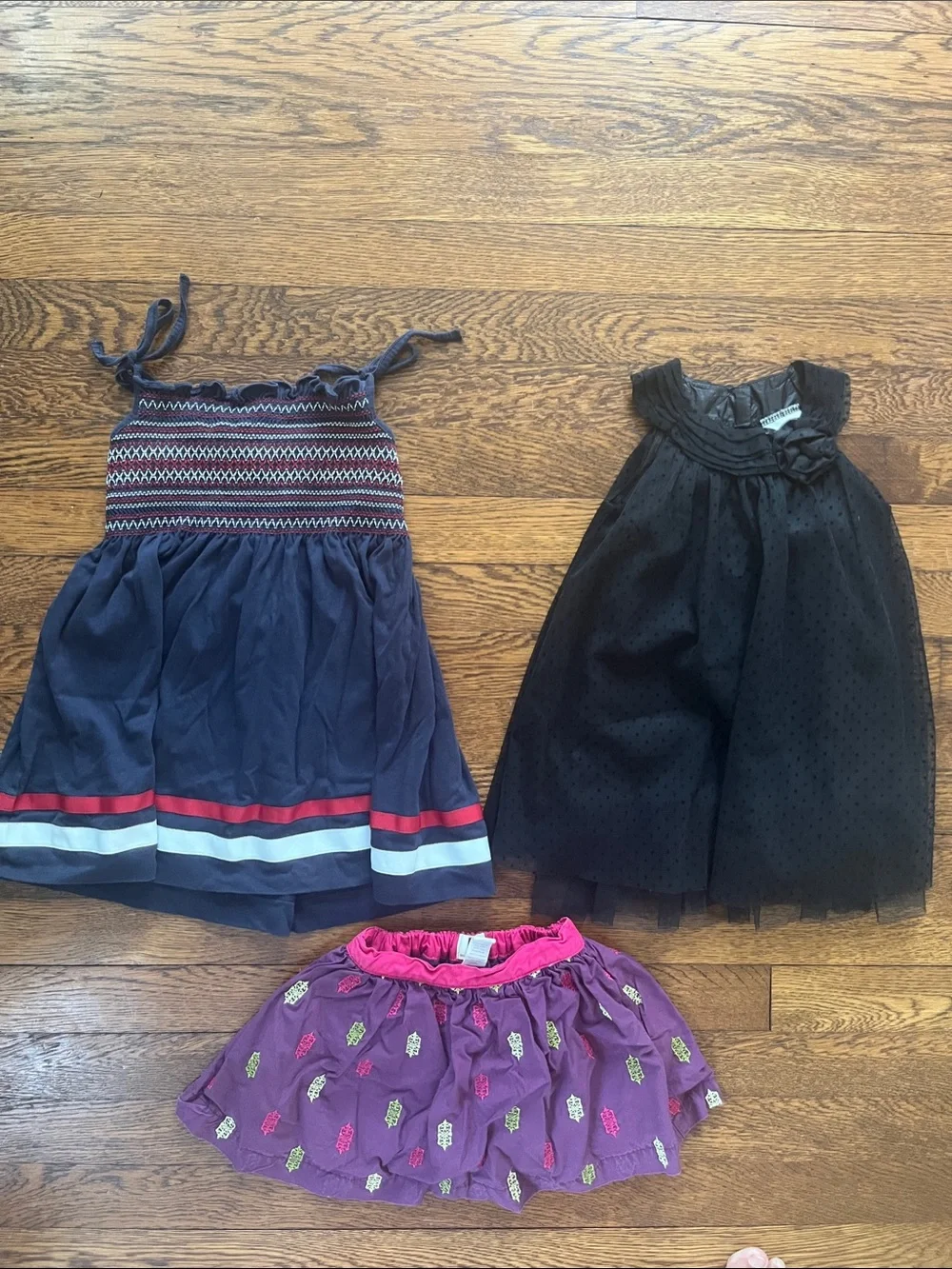 3-Piece Girls Outfit Set - Navy Stripe Dress, Black Tulle Dress, Purple Skirt